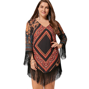 Open image in slideshow, Plus Size Tribal Printed Chiffon Tassel Dress
