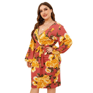 Open image in slideshow, Women Plus Size Lantern Long Sleeve Sexy V-Neck Slim Fit Midi Long Dress with Belt Floral Print Knee Length
