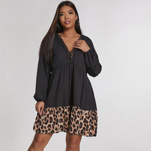 Open image in slideshow, EARO Women Plus Size 4XL Leopard Print Tunic Midi Shirt Dress 2022 Autumn Lace Long Sleeve V Neck Black Elegant Clothing vestido
